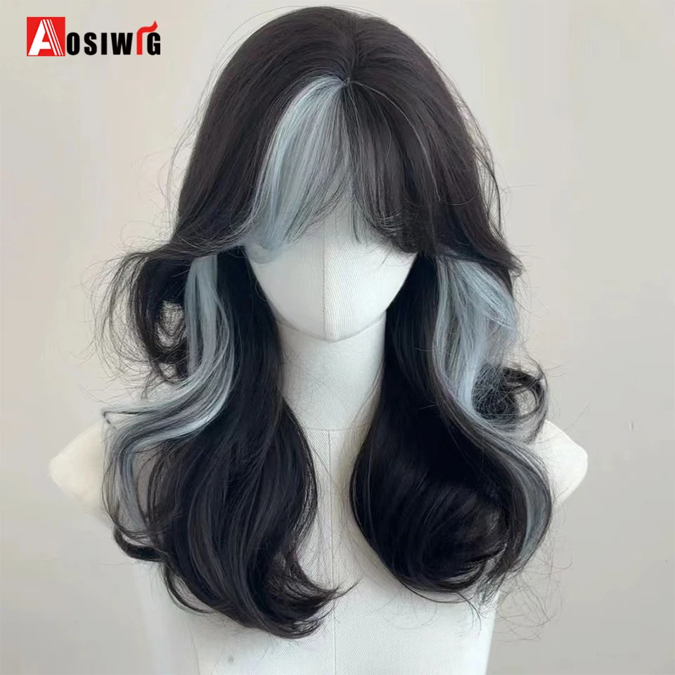 AOSI Ombre Synthetic Long  Wavy Black Prominent Blue Hair Wig Party Wigs for Women Cosplay Lolita Wig For Daily Use