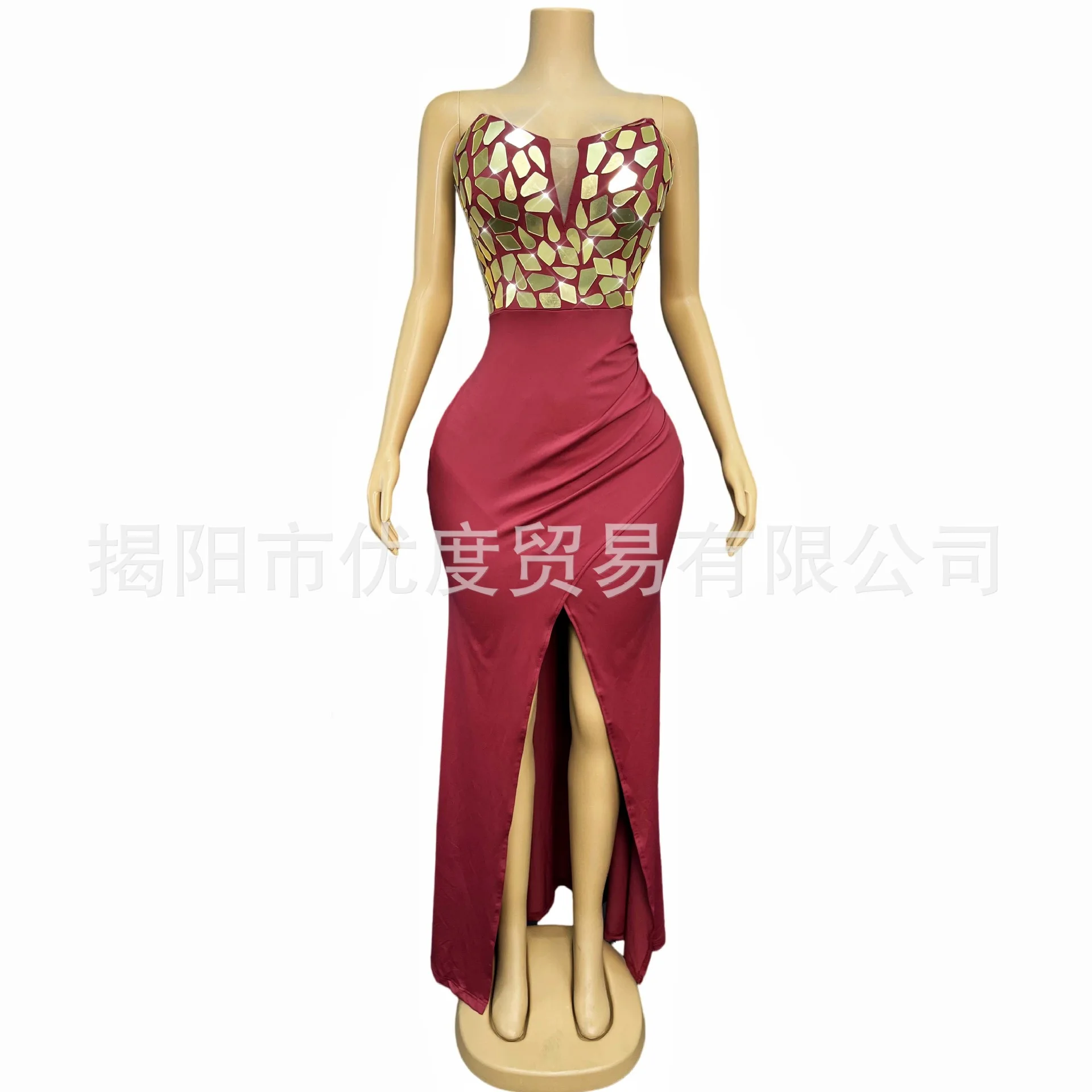 Golden Lens Tube Top Front Split Dress Glam Performance Stage Performance Birthday Party Dress Gift Evening Dresses Luxury Party