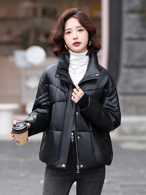 Abrigo de invierno de cuero auténtico ort Puffer Jaet para mujer, abrigo de invierno con cuello levantado, prendas de vestir exteriores de piel sintética para ir al trabajo, poliéster