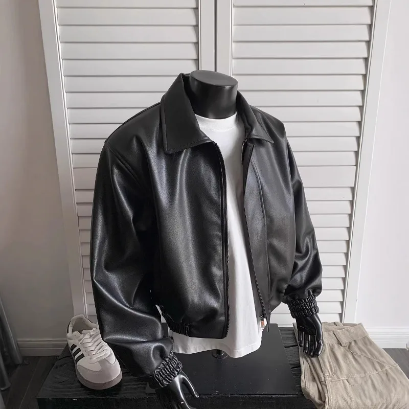 KIDWHXR Autumn Man Leather Jacket Streetwear Turn Down Collar Zipper Male Windproof Long Sleeve Loose Casual Men Outerwear