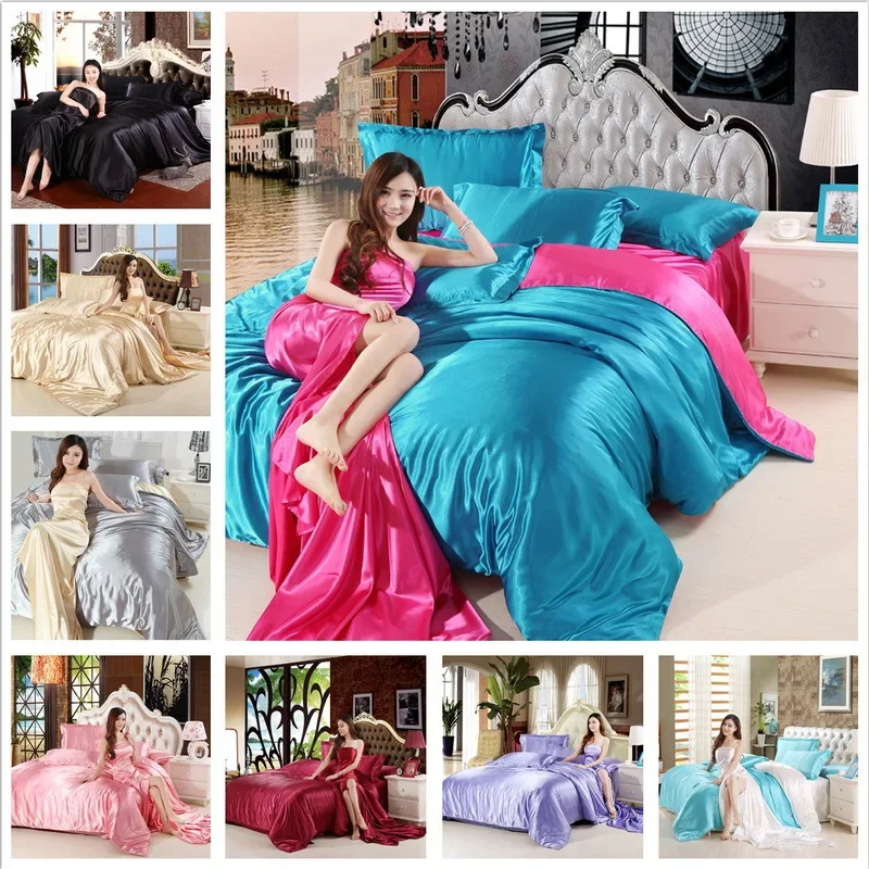 pure satin silky bedding set Home Textile King size bed set bed clothes duvet cover flat sheet pillowcases Wholesale