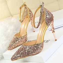 Spring Summer Golden Glitter Sequined Women Pumps Elegant Thin High Heels Fashion Ankle Strap Party Wedding Bridal Shoes