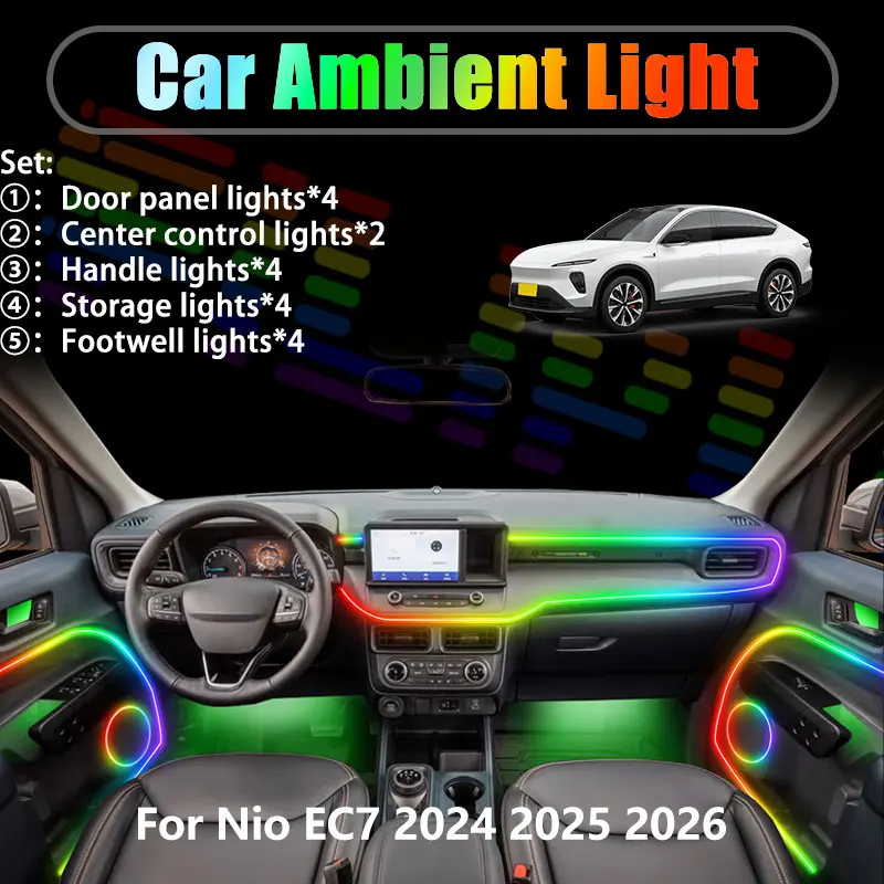 

Для Nio EC7 2024 2025 2026 SUV: Комплект светодиодной RGB-подсветки салона и багажника (2/18 в 1) с USB-разъемом, USB-кабелем и функцией Streamer. Автозапчасти.