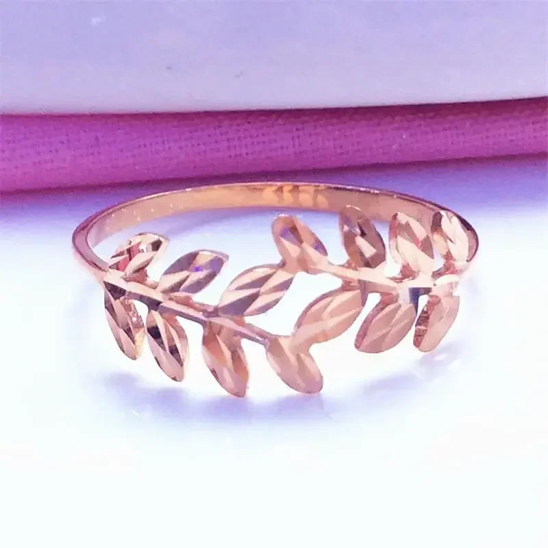 585 Purple Gold 14K Rose Gold Shiny Foliage Wedding Rings for Couples Opening Design Fresh Charm Jewelry Mothers Day Gift