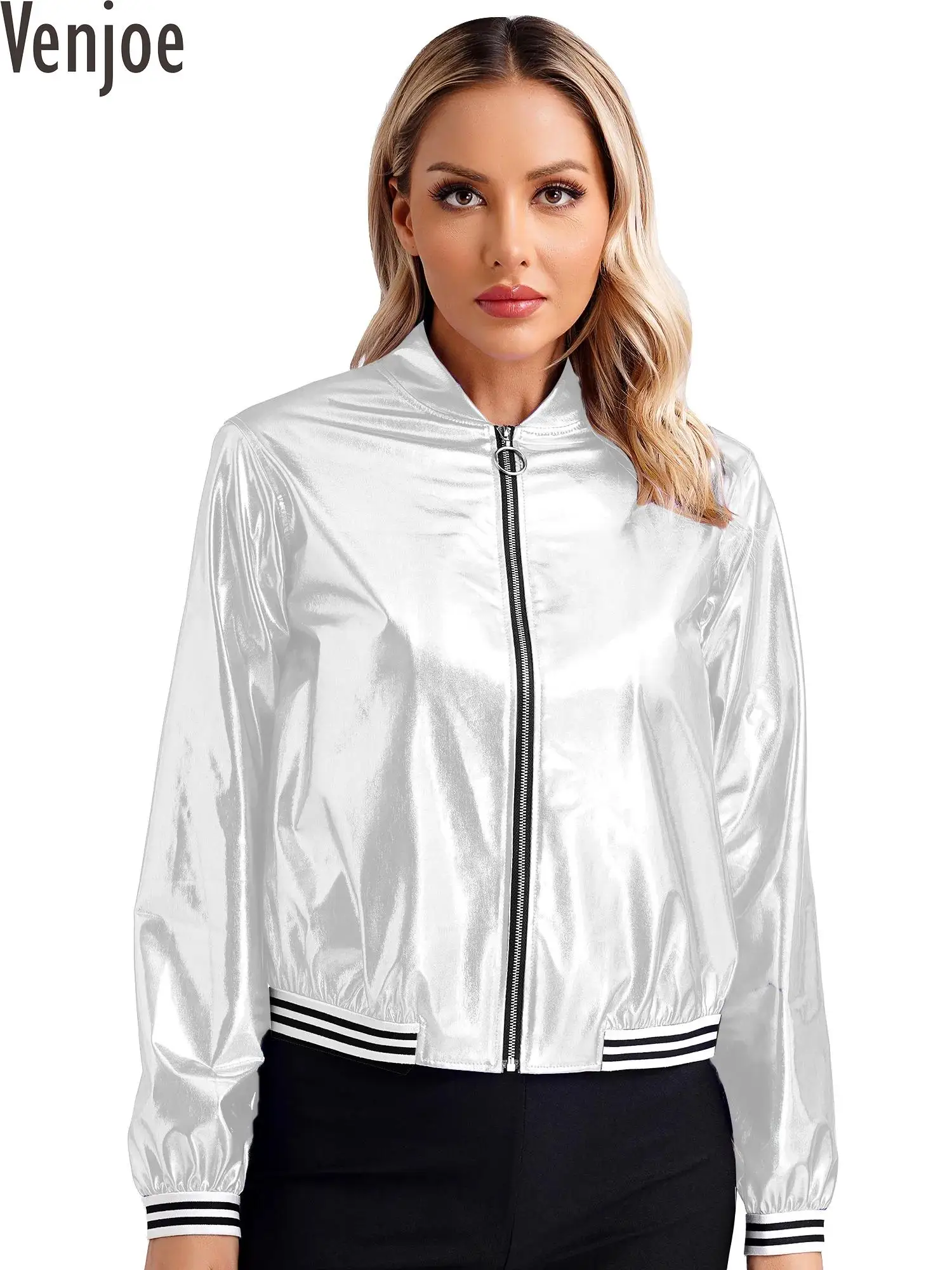 

Womens Holographic Metallic Shiny Bomber Jacket Long Sleeve Zipper Striped Band Outerwear Baseball Club Biker Jacket Coat