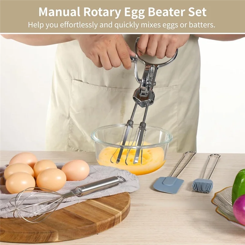 HHO-Rotary Egg Beater Set With Manual Rotation, Includes Silicone Brush& Spatula, Double-Headed Hand Push Whisk, Mixer Compatibl