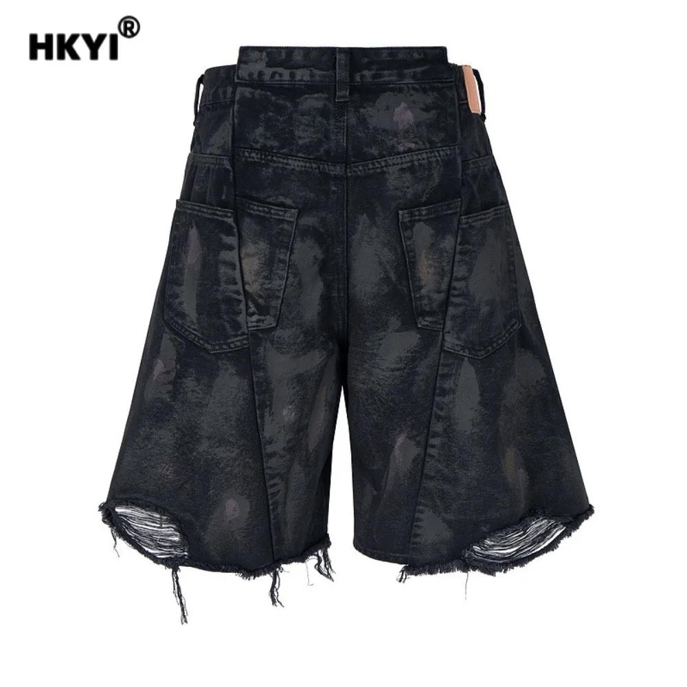 HKYI mens jean shorts washed, pleated, dirty, dyed cat Moustache Effect destroyed, deconstructed, loose casual denim shorts