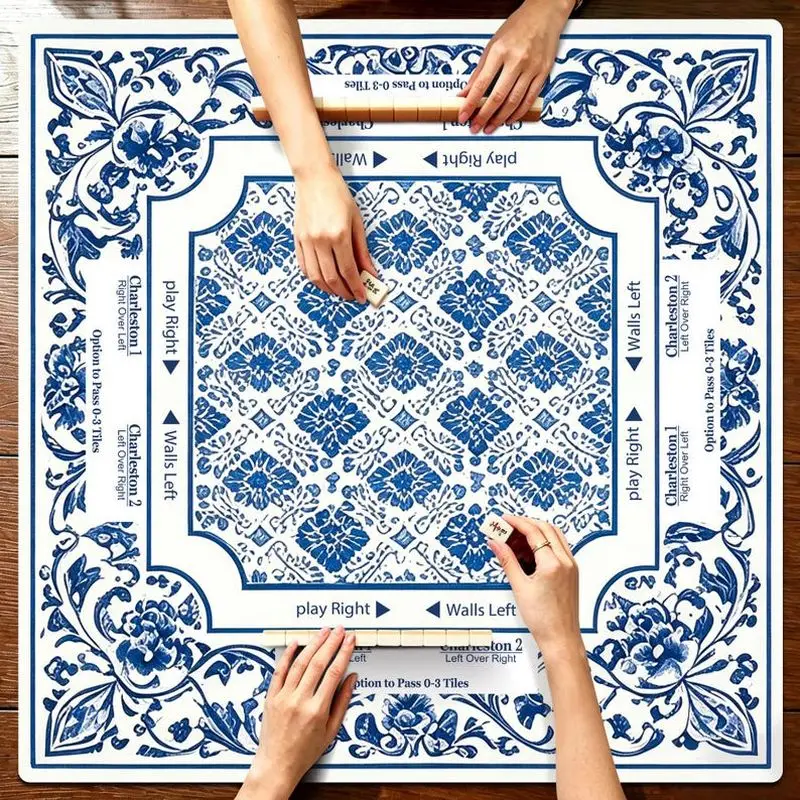 VIKAMA Blue White Porcelain Geometric Mahjong Mat Non Slip Washable Soft Pad Shock Absorb For US Mahjong Daily Play