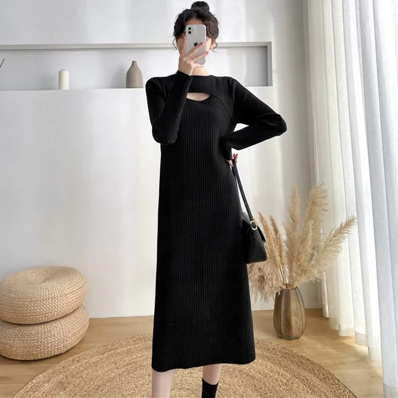 

French Style Autumn Winter Slim Knitted Dress For Women Knee Length Woolen Pullovers Sweater Bottoming Knitwears Pull Femme