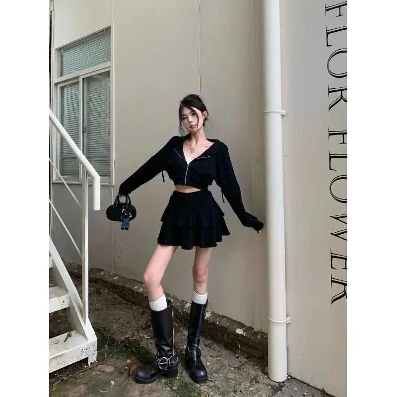 

Hot Girl Casual Sports Suit Women's Autumn Loose Hooded Sweatshirt High Waist Mini Skirt Two-piece Set Fashion Female Clothes