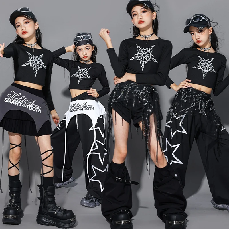 Kinderen Hip Hop Dans Kostuums Meisjes Zwarte Kpop Outfit Crop Top Shuffle Broek Hip Hop Street Dance Wear Mode Kleding AMY2517