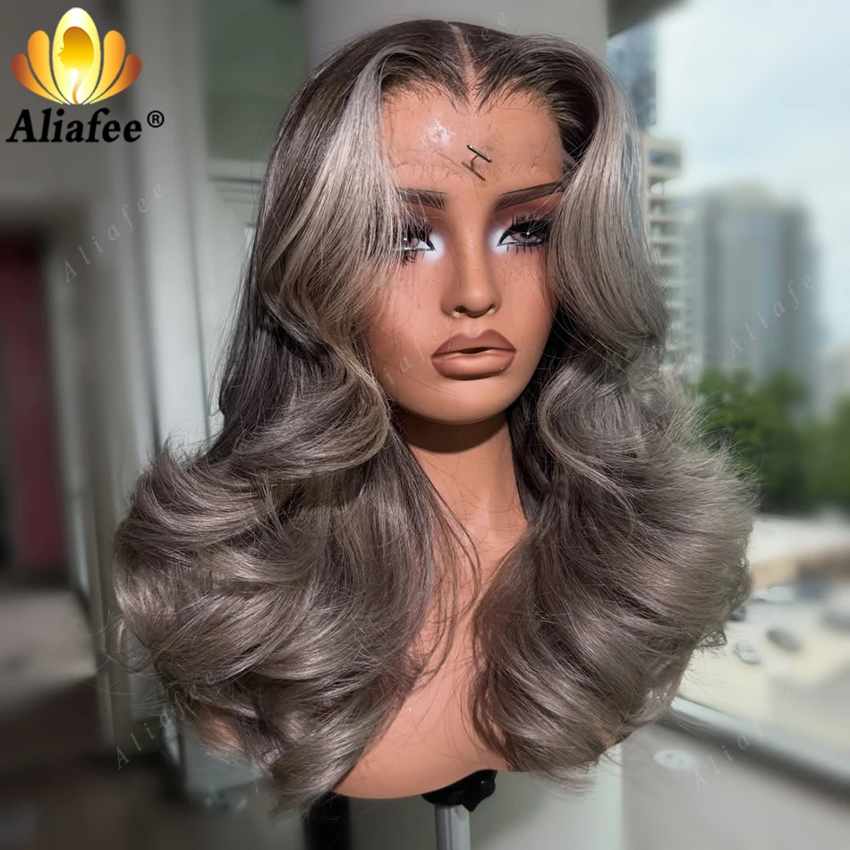 

Smoky Grey Highlight Platinum Silver Middle Part Body Wave New Trendy Popular Wig 13x6 Transparent Lace Frontal Human Hair Wigs