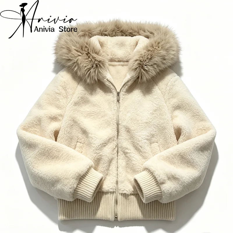 Women's Beige Black Hooded Long Sleeve Lamb Fur Cotton Jacket American 2000s High Street Winter Warm Casual Vintage Cotton Coat