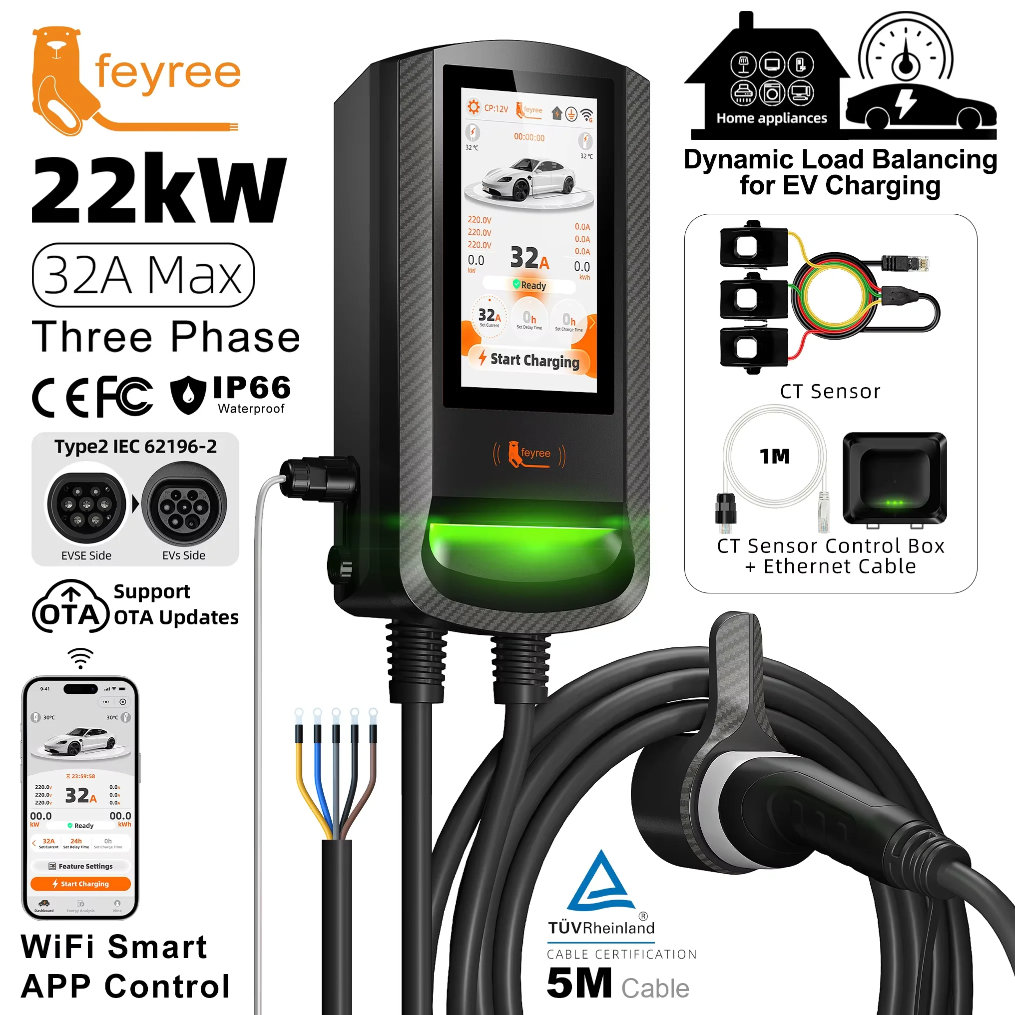 Feyree Type2 7Inch Touch Screen EV Wallbox 7kW APP Control OTA Upgrade Charge Log DLB EV Charger 11kW 22kW Home Charging Station