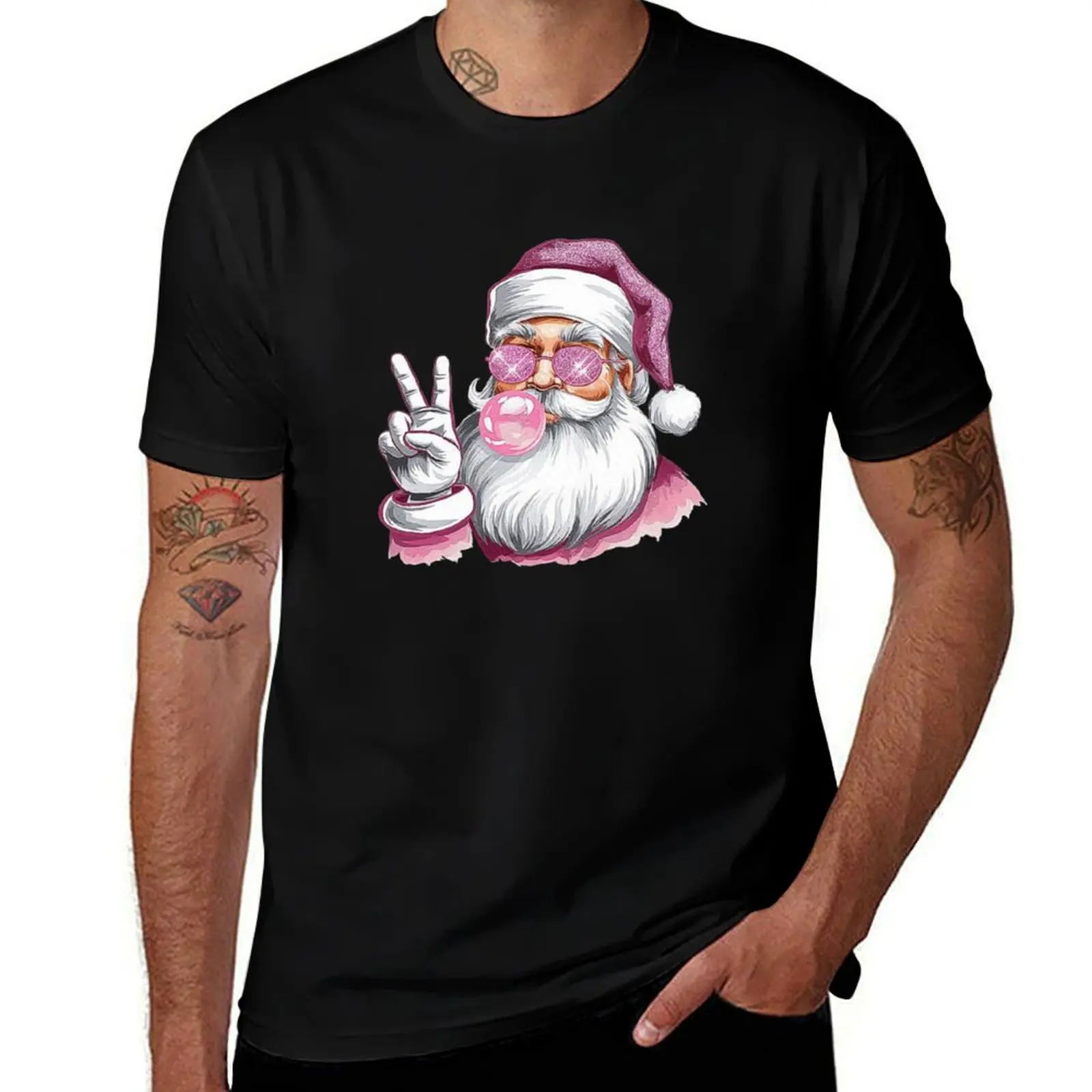 Cool Santa with Pink Sunglasses and Bubblegum - Holiday Peace Sign Art T-Shirt Independence Day Short Sleeve T-Shirt
