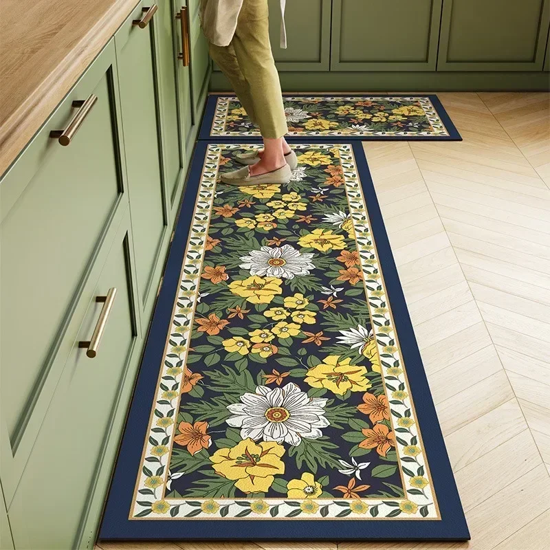 

Kitchen Floor Mat PVC Leather Waterproof Carpet Non-slip Foot Mats Long Rug Flower Pastoral Style Home Decoration Rugs Alfombra