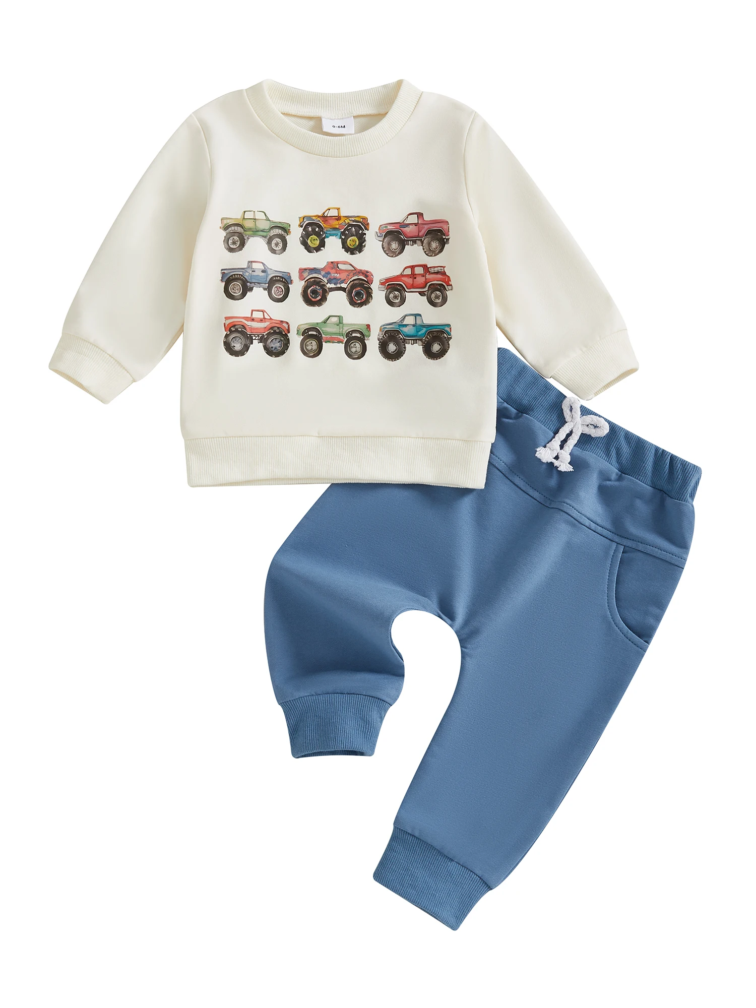 

Винтажный пуловер с круглым вырезом с рисунком автомобиля для мальчиков и одинаковые брюки для бега, состоящий из двух предметов, осенний ансамбль для малышей