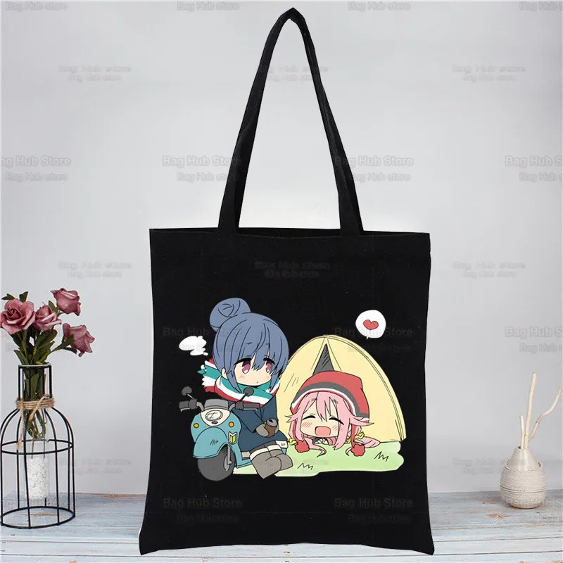 Yuru camp-lona preta tote para mulheres e meninas, bolsa de ombro casual, eco shopping, anime nadeshiko