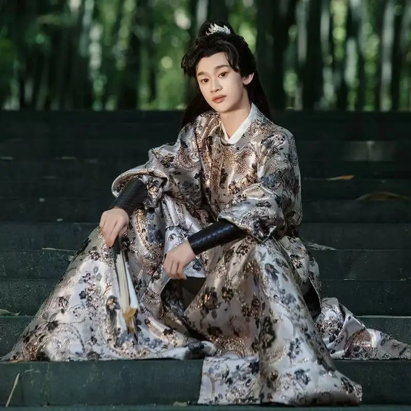 

Traditional Gold Woven Men's Hanfu Dress Autumn Winter Tang Dynasty Sew Round Neck Robe Niche Rich Royal Knight Cosplay Costume