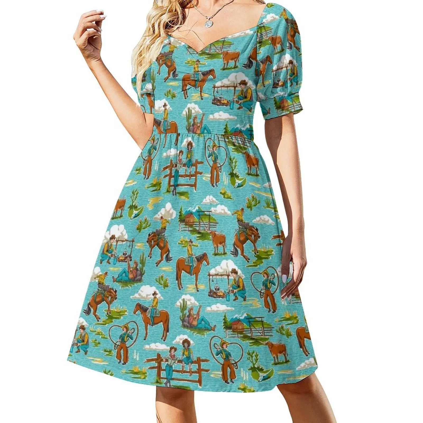 

Retro Out West Cowboy and Cowgirl Pattern in Bright Blue Short Sleeved Dress loose summer dress prom dress birthday