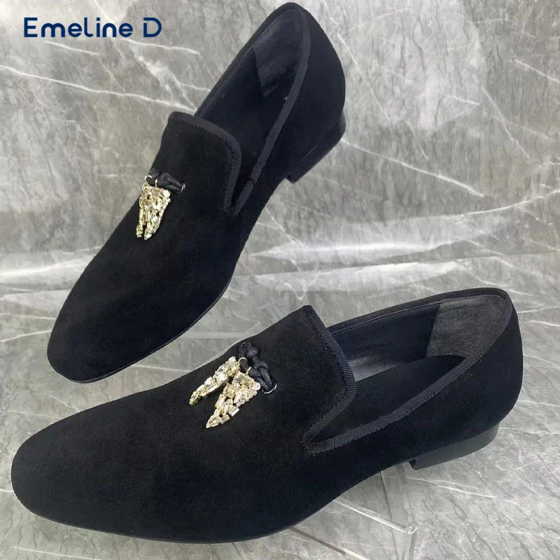 Crystal Pendant Business Black Loafers Round Toe Suede High Quality Slip-On Thick Heel Casual Shoes Men's Trendy Formal Shoes