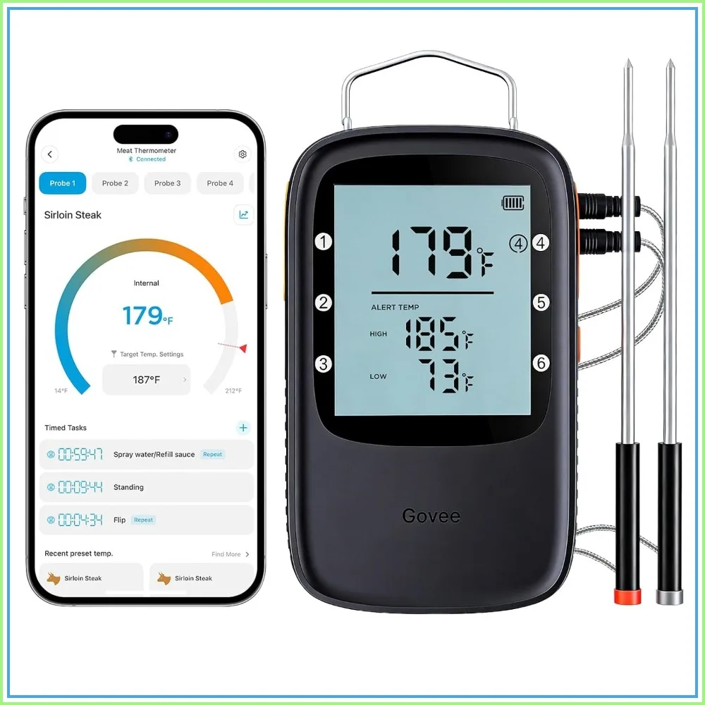 Bluetooth Meat Thermometer, Wireless for Smoker Oven Grill, 2 Probes, Timer, LCD Backlight, Cooking Turkey Fish Beef