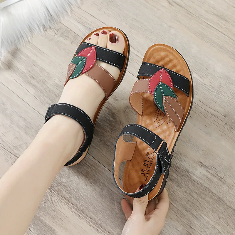 Women Sandals 2024 Fashion Genuine Leather Wedges Shoes For Women Summer Flat Non-slip Soft Bottom Elderly Beach Casual Shoes