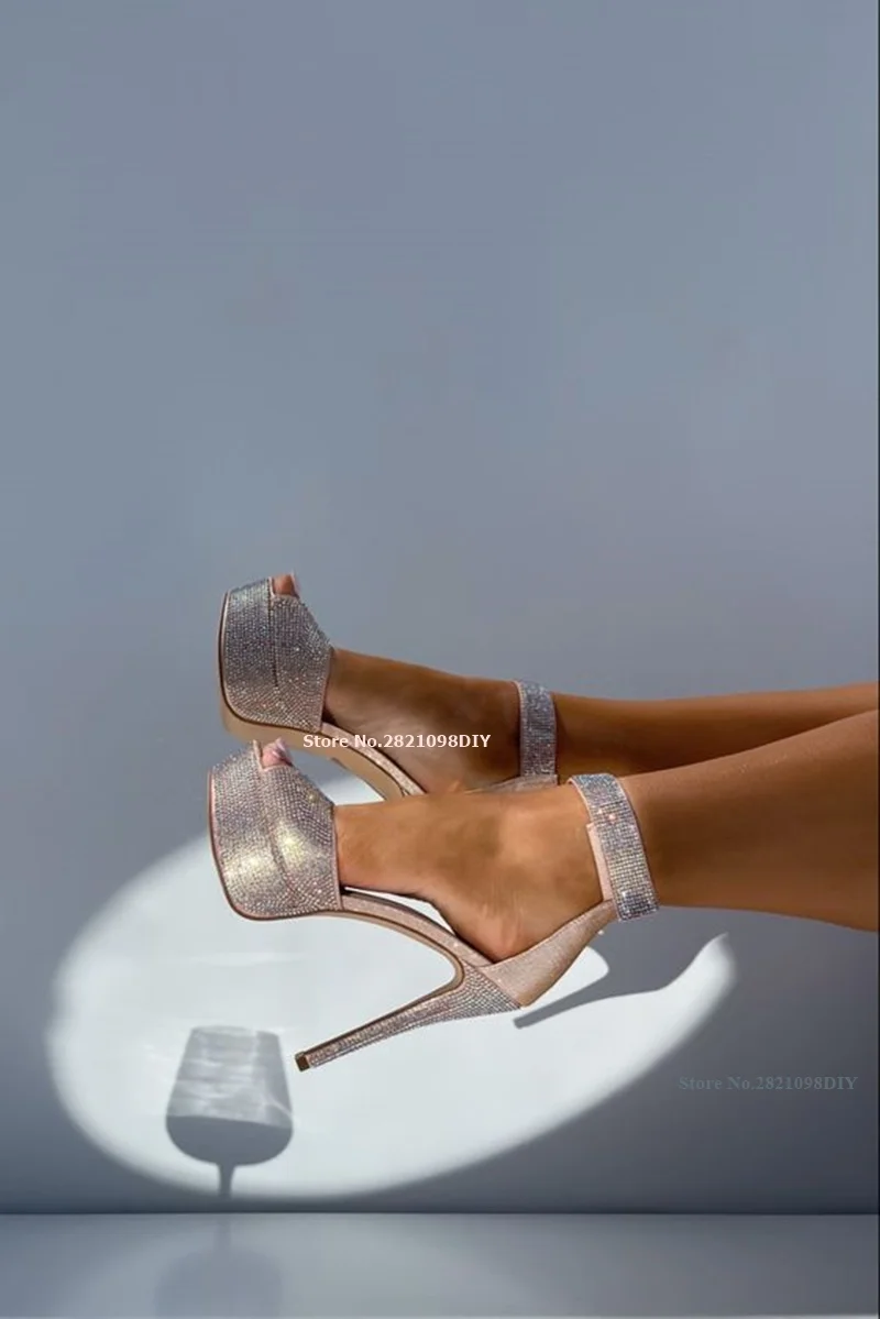 

Silvery Platform Peep Toe Bling Bling High Heel Sandals Crystal Strap Stiletto Heeled Summer Shoes Women Ankle Strap Party Shoe