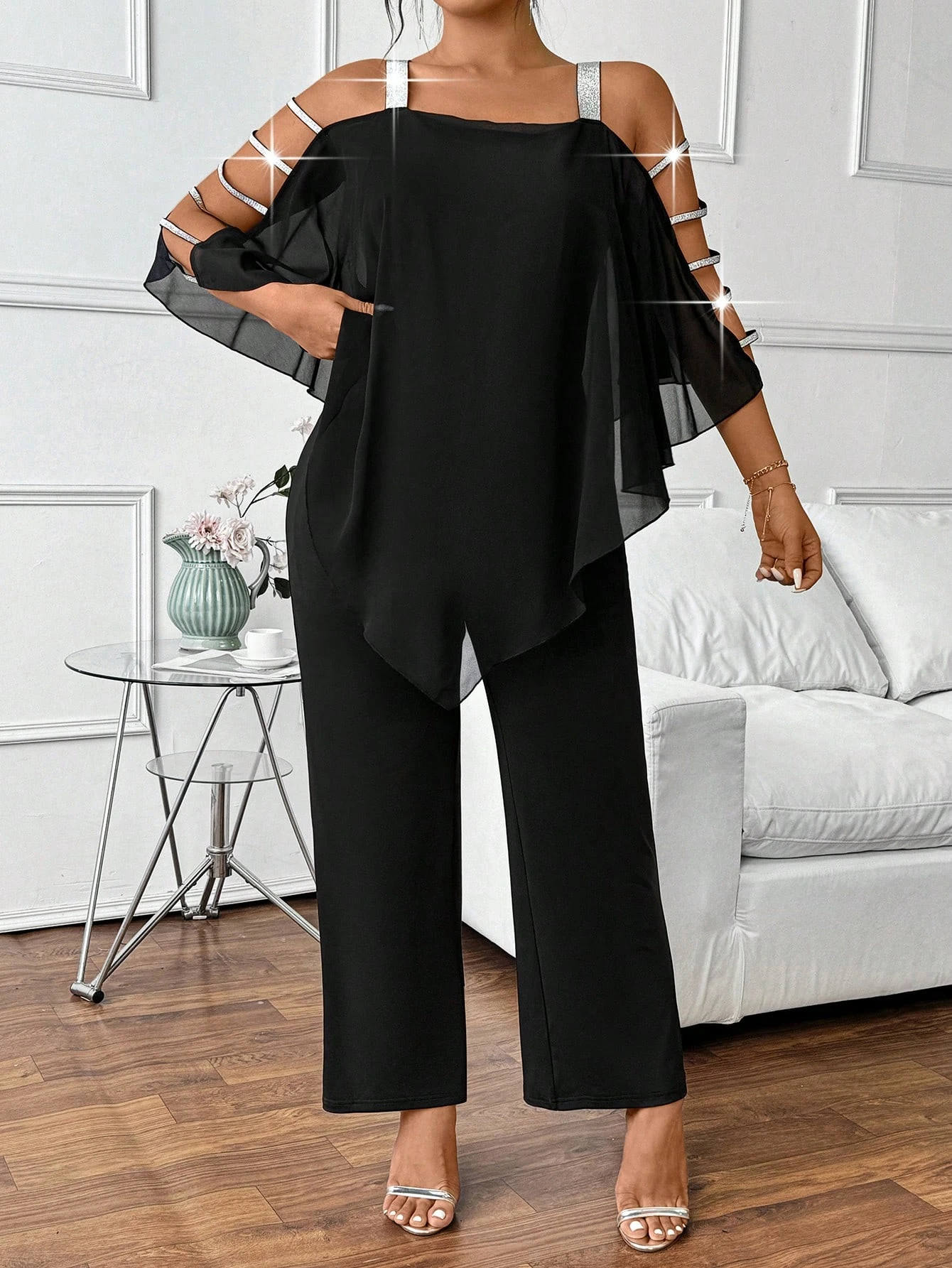 Übergroßer Jumpsuit für Damen mit Strass, Offenem Schulterbereich, Chiffon-Flügelärmeln und Weitem Bein, Elegante Party- und Abendgarderobe – Detail 6