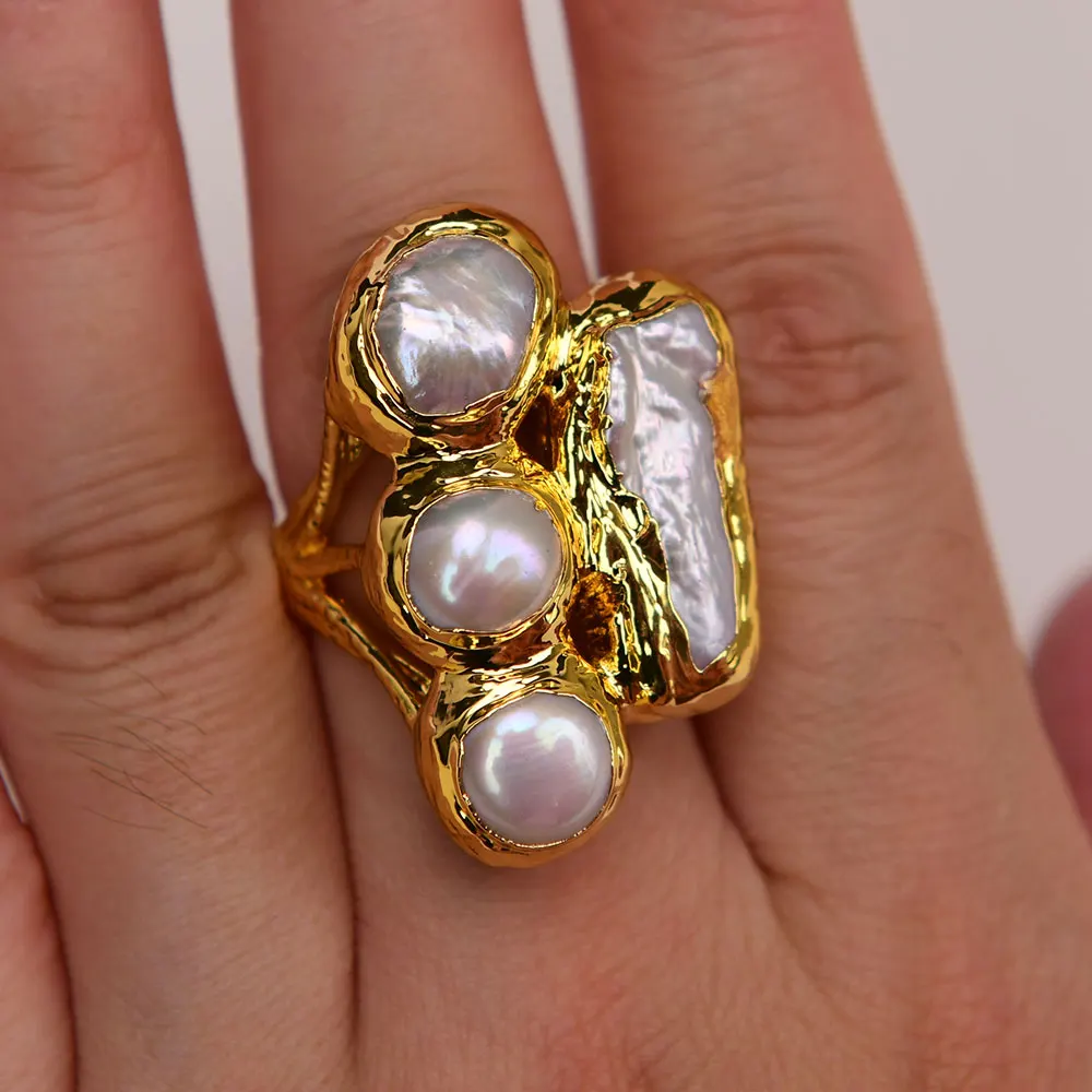 خواتم لؤلؤ بيوا كيشي بيضاء طبيعية من GG مطلية بحواف ذهبية قابلة للتعديل