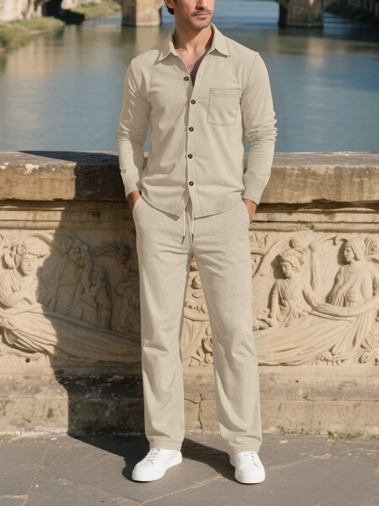 

New corduroy men's casual breasted shirt autumn fashion trend cardigan business slim lapel solid color long sleeve pants suit