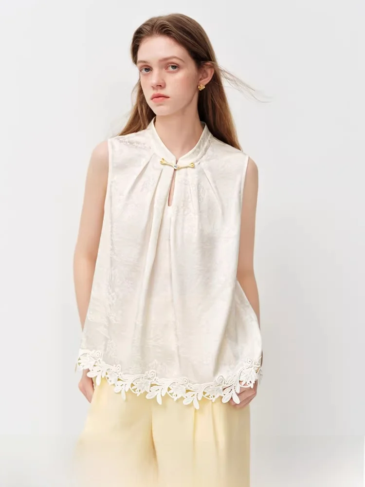 

Новая китайская блузка Vivian Fan с кружевными вставками, весенняя новинка, топ с маленьким воротником-стойкой на пуговицах, летняя мода для девочек