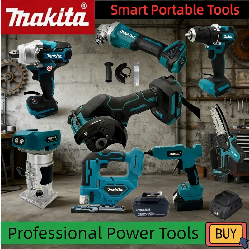

Комбинированный набор Makita: бесщеточная угловая шлифмашина, смазочный пистолет, цепная пила, воздушный насос, пистолет для силиконового герметика и отрезная машина, 18В аккумулятор