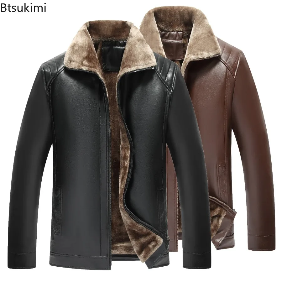 2025 Winter Jackets Men's Fashion Solid Thicken Fleece Lining Warm Leather Jackets High Quality Business Casual PU Leather Coats