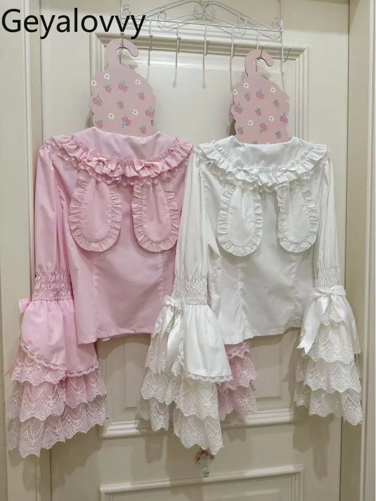 

Рубашка в стиле Лолита с длинными рукавами и милыми кроличьими ушками, однотонная, модная женская блузка для весны и осени, белая рубашка с рукавами-крылышками