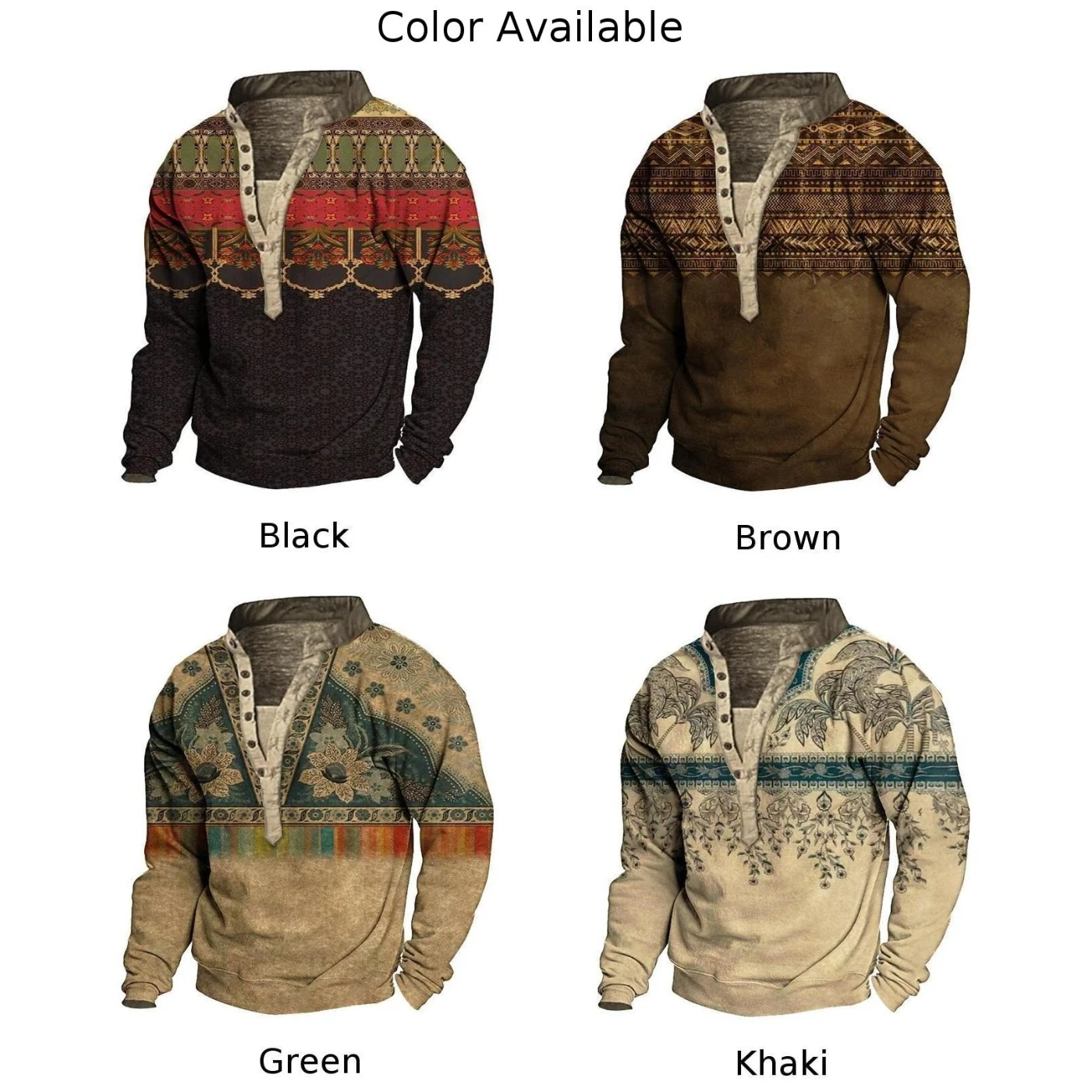 Men Tribal Totem  Ethnic Henley Collar Sweatshirt Graphic Pullover T Shirt Tops