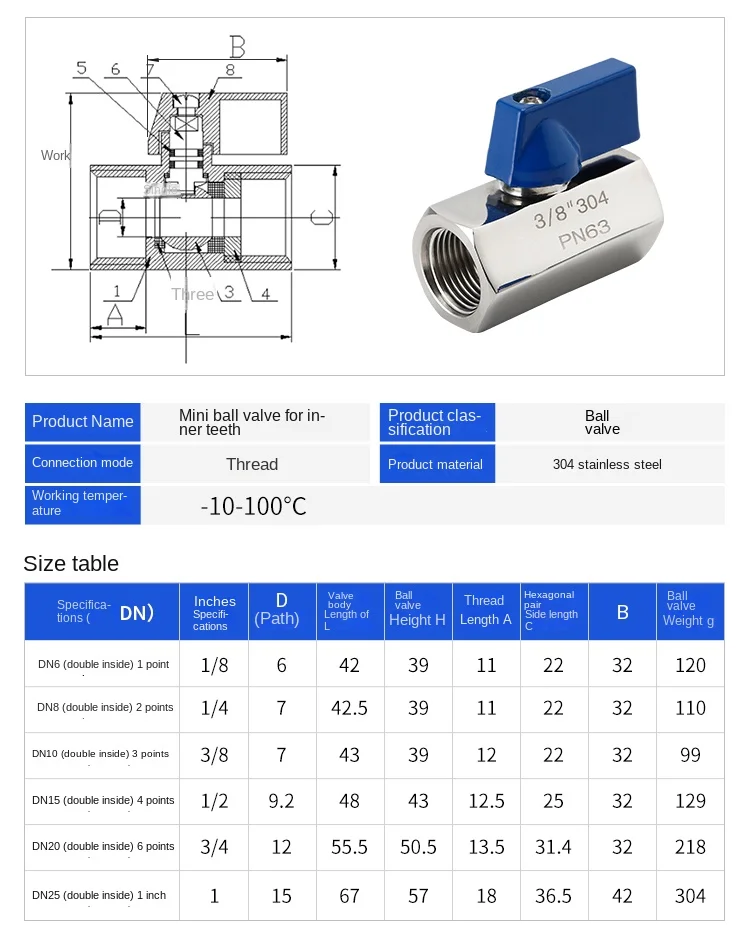 Detalle 4 de Electroválvula 304 Stainless Steel Mini Ball Valve - Flow, Water, Oil, Gas Regulation and Control Switch Gas y combustible