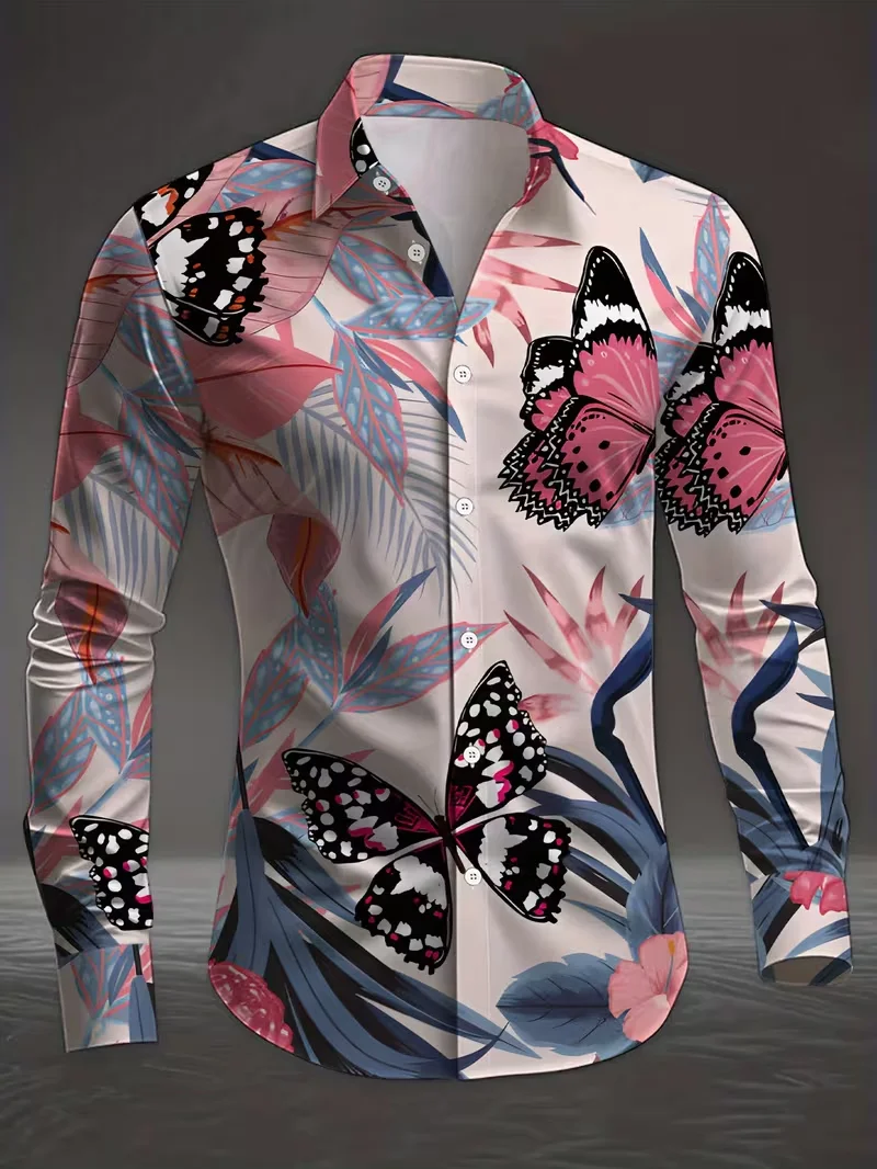 Men's long sleeved shirt butterfly 3D printed top fashionable casual shirt new lapel long sleeved shirt