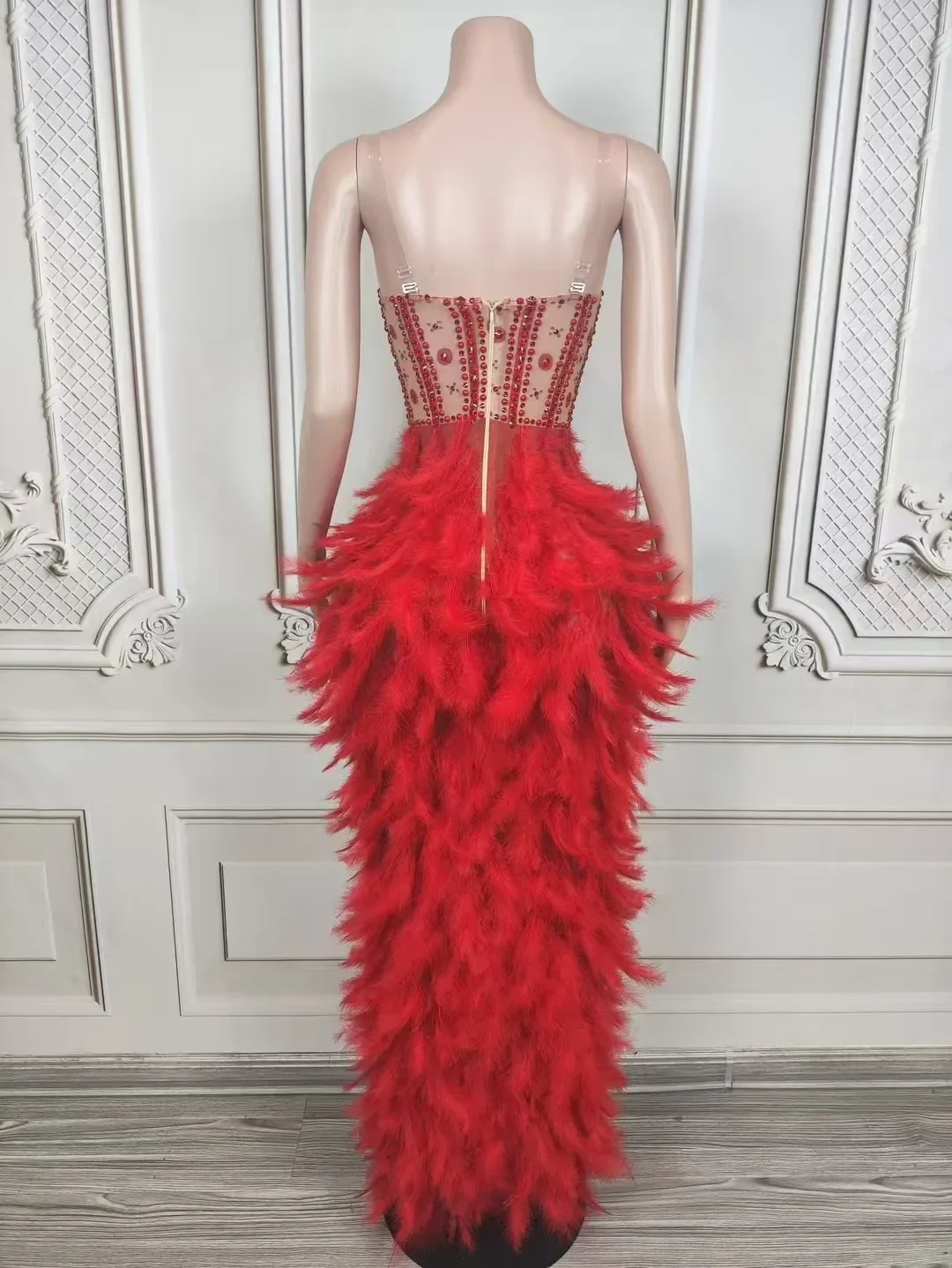 Feminino elegante festa de noite aniversário desempenho photoshoot traje luxo brilho vermelho strass pena sexy malha vestido longo