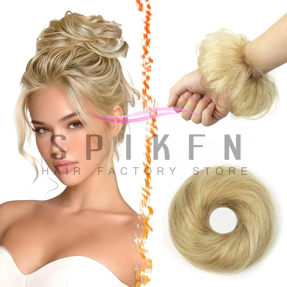P18A/613 Messy Hair Bun Hair Pieces Straight Scrunchie Updo with Elastic Rubber Band Extension Human Hair Ponytail Chignon Donut