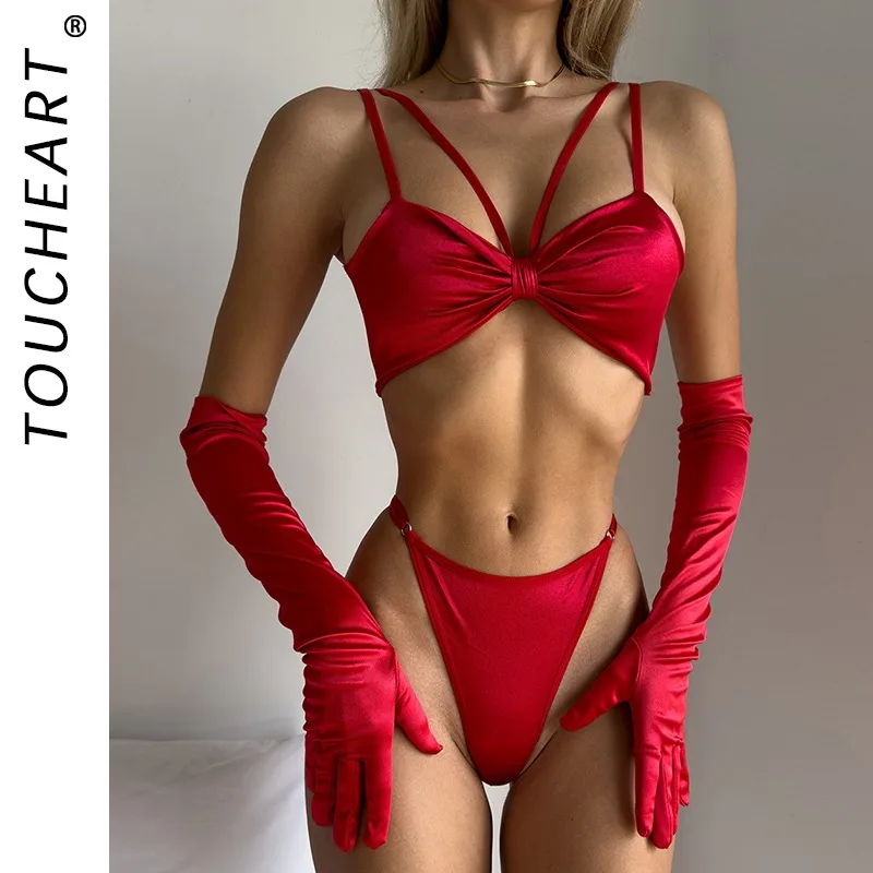 

Toucheart Valentine's Day Lingerie Panty with Gloves 3PCS Erotic Hot Slim Backless Sexy Hollow Seductive Intimate Underwear Set