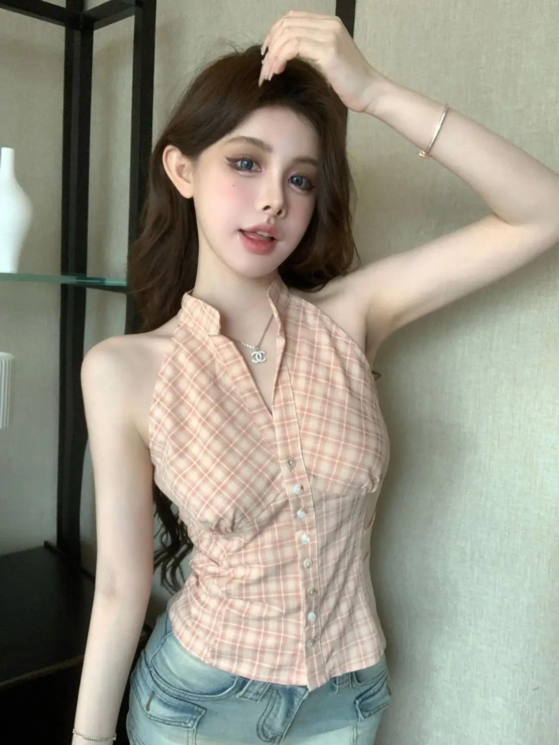 Shirt Sleeveless Plaid Lapel Summer Pleated Slim Fit Design Hot Girl Top Version Niche Pure Desire Korean Women Summer