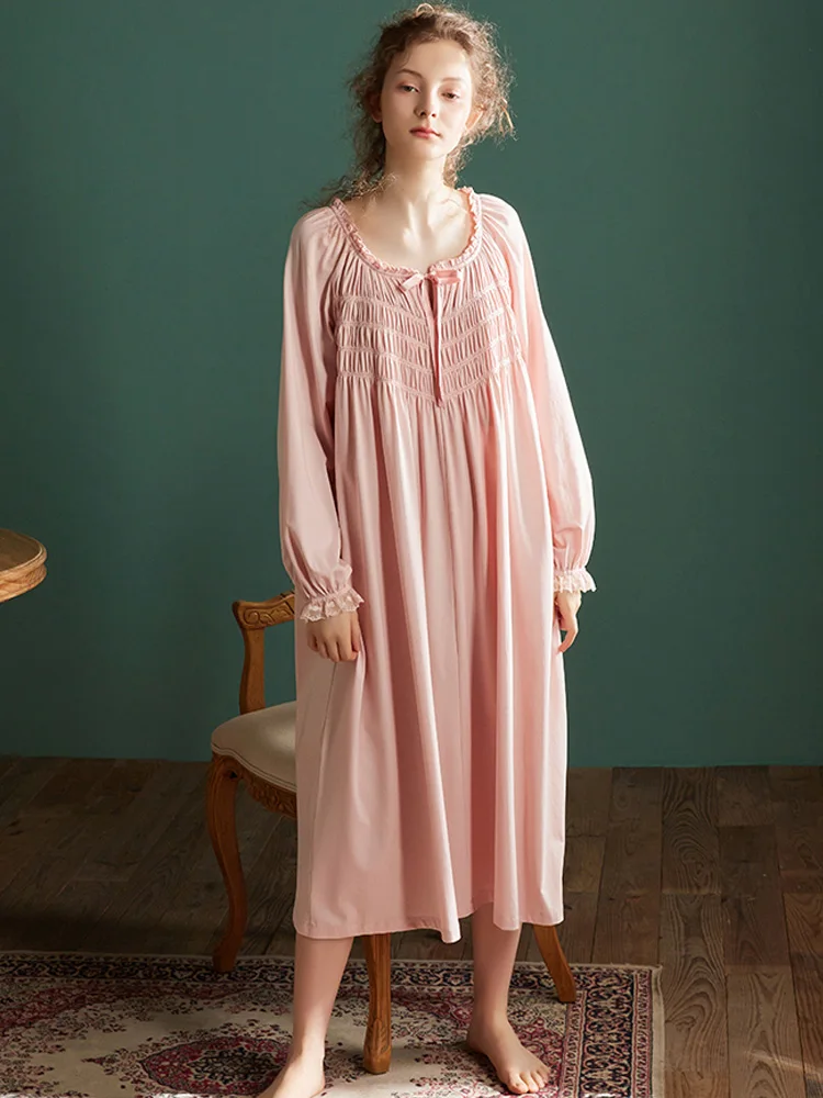 retro-court-sle-long-sve-sp-dr-large-size-pure-cotton-home-clothes-long-skirt-pure-autumn-sweet-sle-underwear