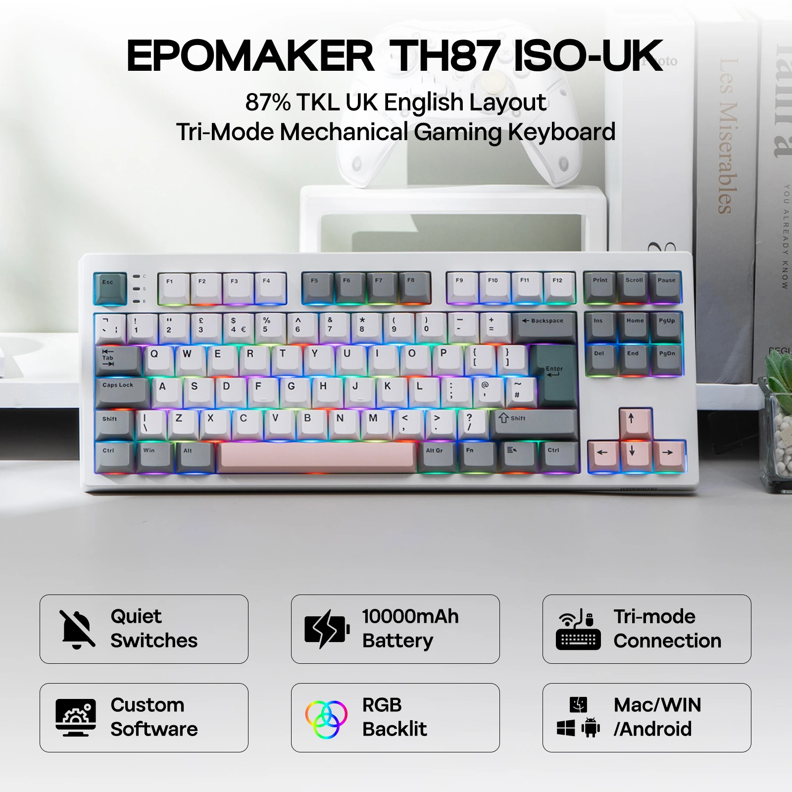ISO-UK Layout EPOMAKER TH87 TKL Layout Wired/BT/2.4Ghz Wireless NKRO Mechanical Keyboard with 10000mAh Battery & RGB Light