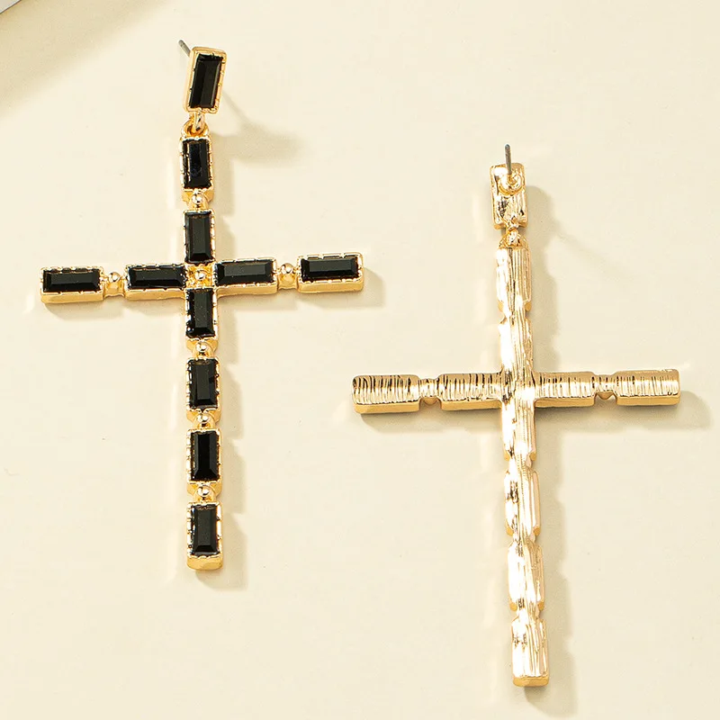 2024 Classic Jewelry Accessories Wholesale Long Green Black Baguette Gem Crystal Rhinestone Cross Earrings for Women