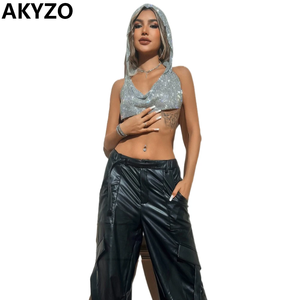 AKYZO Hooded Sequin Top Backless Crop Top Party Bar Sexy  Women's Clothing High Street 2024 New Product