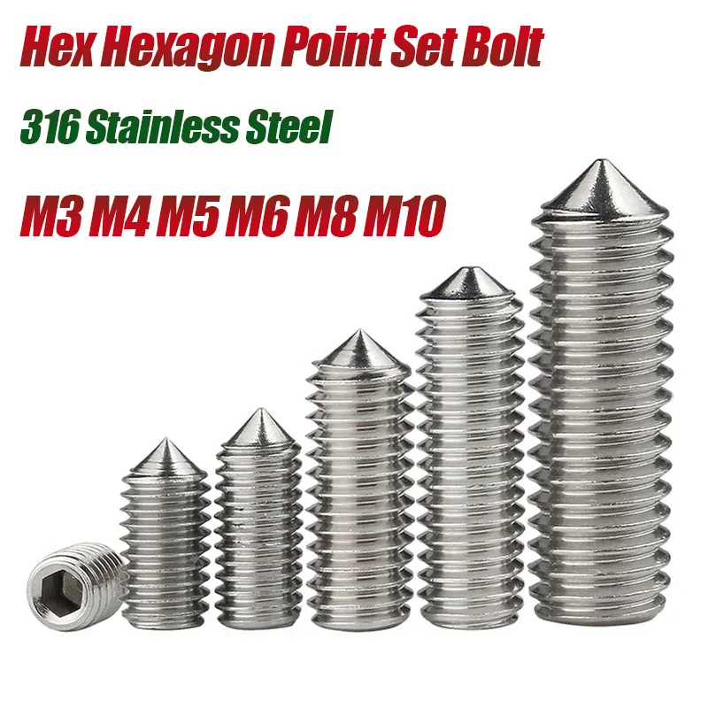 

4/10/20Pc Hex Hexagon Socket Set Screw Cone Point Grub Screw M3 M4 M5 M6 M8 M10 316 Stainless Steel Allen Cup Point Set Bolt
