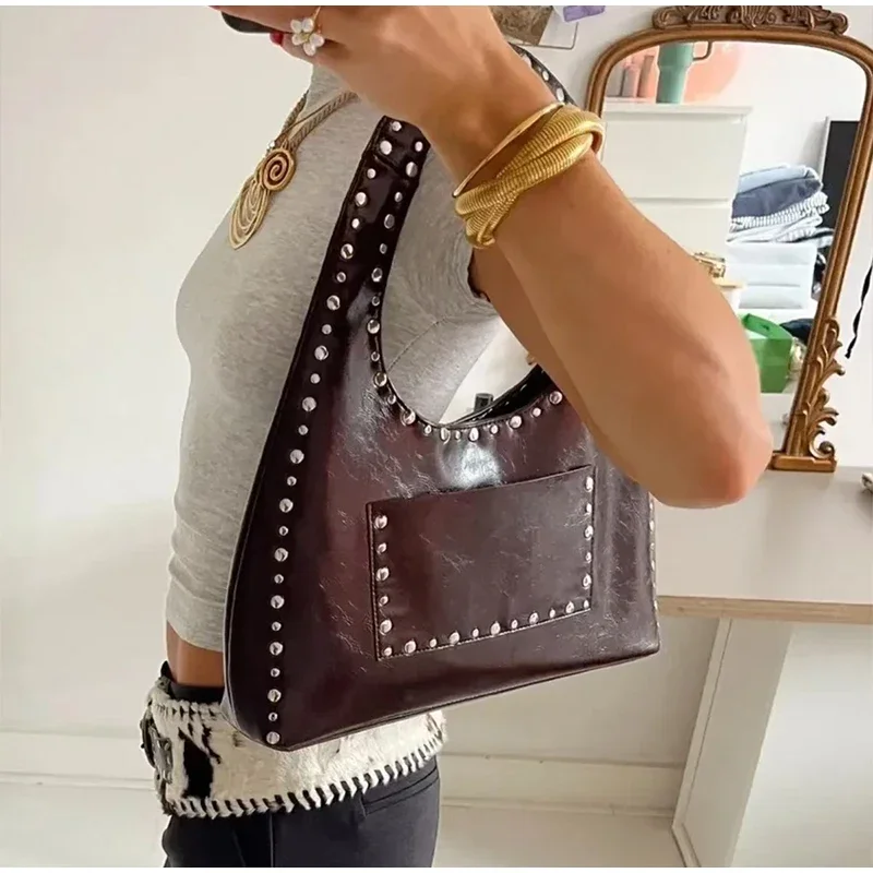 Retro Rivet Decorative Shoulder Bag, Trendy Studded Purses, Punk Inspired - Motorcycle, PU Leather Underarm Handbag For Women