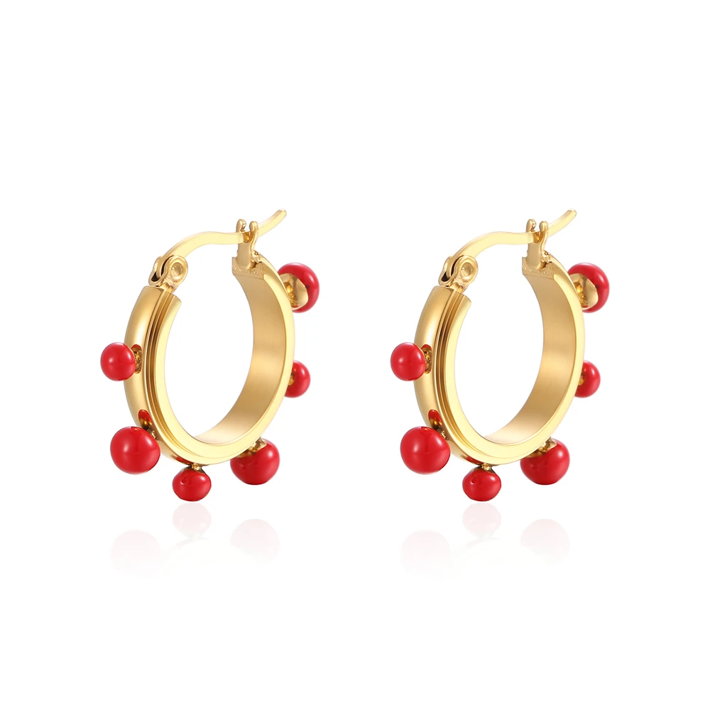 Stainless Steel Zircon Stone Red Bead Hoop Earring Round Fashion Trend For Women