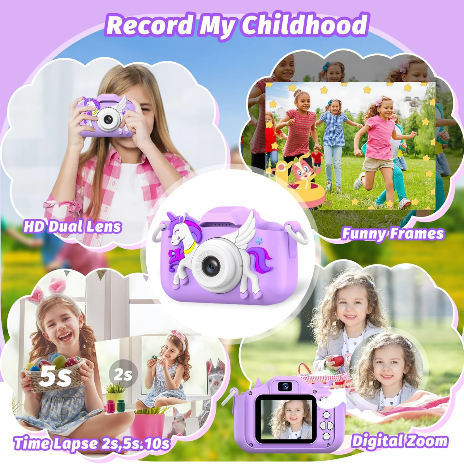 2.0インチ キッズカメラ 48MP 1080P HD 幼児用自撮りカメラ 可愛い漫画デジタルカメラ おもちゃ SDカード付き 女の子と男の子へのギフト